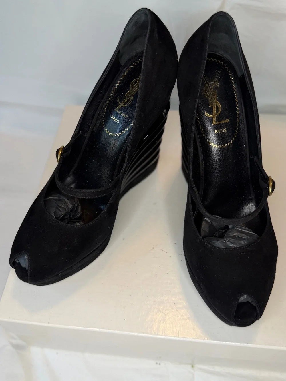 Yves Saint Laurent Black Suede Peep-Toe Mary Jane Wedges